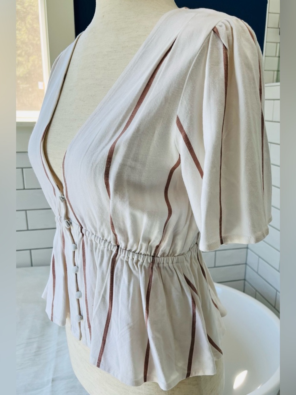 O'Neill Cream Blouse with Brown Stripes